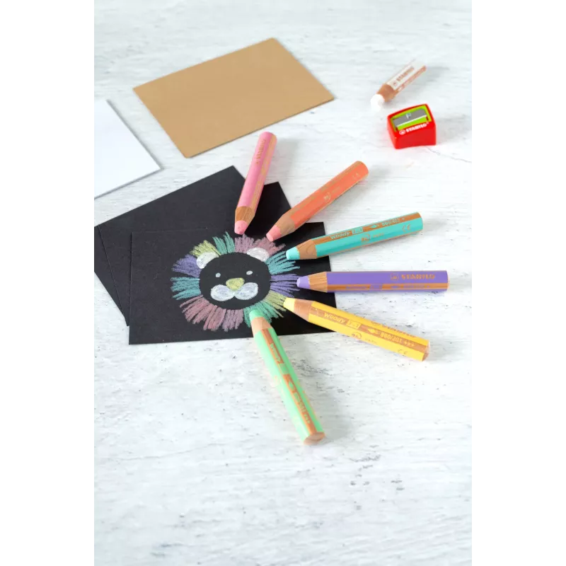 STABILO woody 3 in 1 Lápiz multitalento Set de lápices de colores pastel - 6 unidades, redondo, certificado FSC, soluble en agua