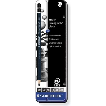 Staedtler Mars Lumograph 100B G6 Set de lápices de grafito – 6 durezas diferentes (8B–B), hexagonal, certificado PEFC