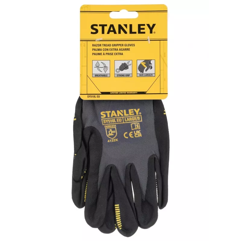 Stanley SY510L-QS guantes de trabajo, talla L (9) - palma de cuero sintético, dorso de spandex, puño de neopreno, certificados EN 388, Negro/Amarillo