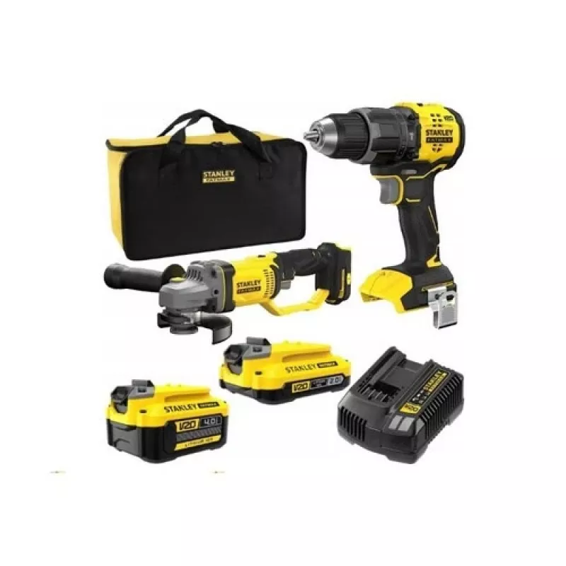 Set doble a batería STANLEY V20 18V – taladro percutor sin escobillas SFMCD716 + amoladora angular sin escobillas SFMCG400, baterías de 2.0Ah y 4.0Ah, cargador, bolsa blanda