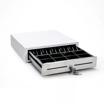STAR MICRONICS CD4-1616WTSSC48-S2 Cajón portamonedas, blanco, frontal de acero inoxidable, 4 compartimentos para billetes/8 para monedas/2 para cheques, apertura frontal, comercio minorista, dimensiones (anxalxpr): 410x114x415mm, incl. cable RJ12