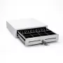 STAR MICRONICS CD4-1616WTSSC48-S2 Cajón portamonedas, blanco, frontal de acero inoxidable, 4 compartimentos para billetes/8 para monedas/2 para cheques, apertura frontal, comercio minorista, dimensiones (anxalxpr): 410x114x415mm, incl. cable RJ12