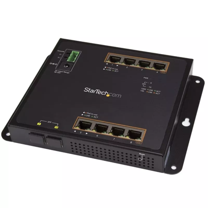 StarTech.com Switch industrial gestionado Gigabit Ethernet PoE+ de 8 puertos con 2 puertos SFP - Montaje en pared con acceso frontal