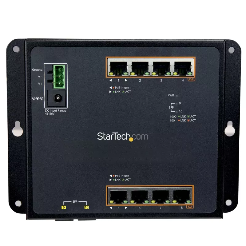StarTech.com Switch industrial gestionado Gigabit Ethernet PoE+ de 8 puertos con 2 puertos SFP - Montaje en pared con acceso frontal