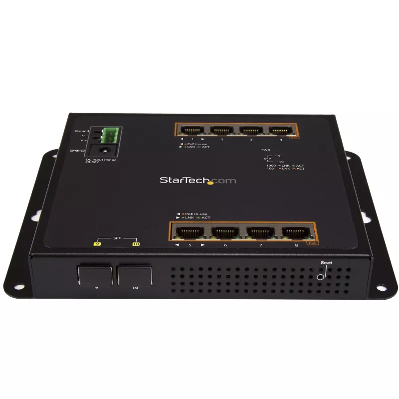 StarTech.com Switch industrial gestionado Gigabit Ethernet PoE+ de 8 puertos con 2 puertos SFP - Montaje en pared con acceso frontal