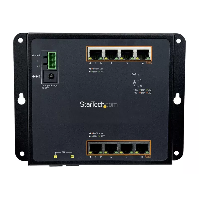 StarTech.com Switch industrial gestionado Gigabit Ethernet PoE+ de 8 puertos con 2 puertos SFP - Montaje en pared con acceso frontal