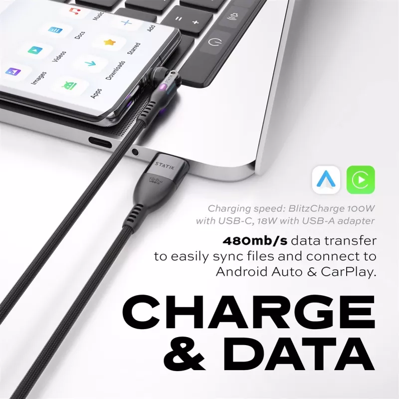 STATIK PowerPivot Pro Cable Trenzado de Nylon, USB-C a USB-C, 1m, Negro