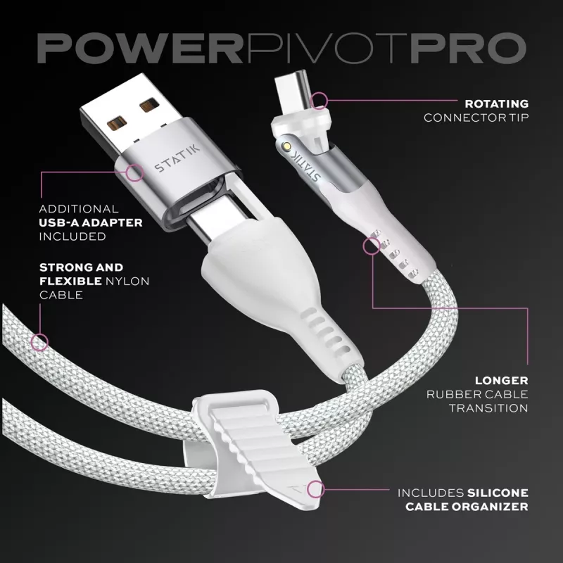 STATIK PowerPivot Pro Cable Trenzado de Nylon, USB-C a USB-C, 1m, Blanco