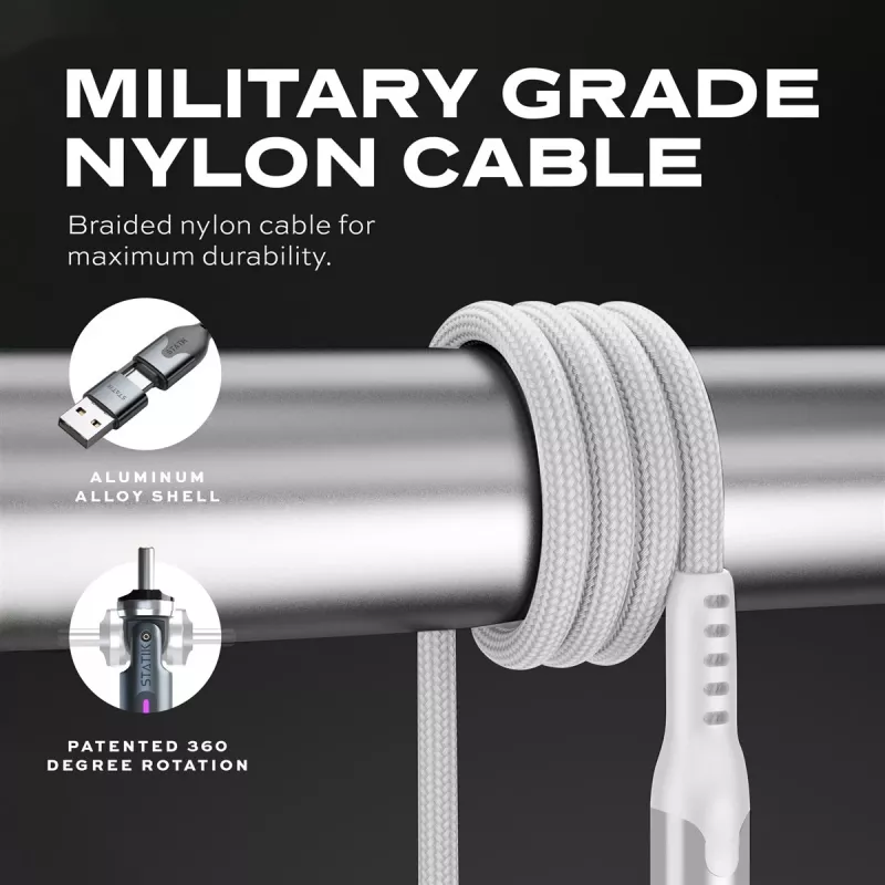 STATIK PowerPivot Pro Cable Trenzado de Nylon, USB-C a USB-C, 1m, Blanco
