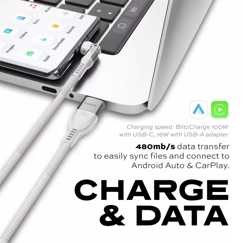 STATIK PowerPivot Pro Cable Trenzado de Nylon, USB-C a USB-C, 3m, Blanco