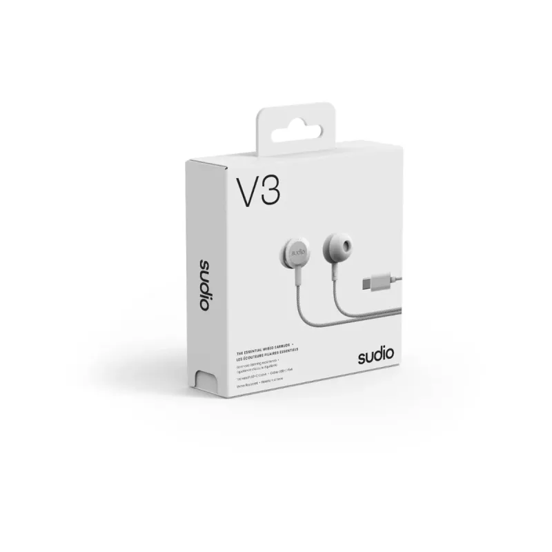 Auriculares in-ear True Wireless Sudio V3 con estuche de carga USB-C, doble micrófono, control táctil, resistente a salpicaduras IPX4, gris-blanco