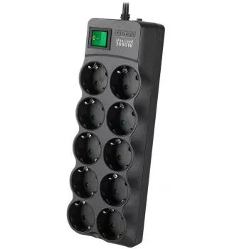 SVEN SF-10E-16 regleta de protección contra sobretensiones, 10 tomas, 16A, 3,6kW, 1,8m, negro