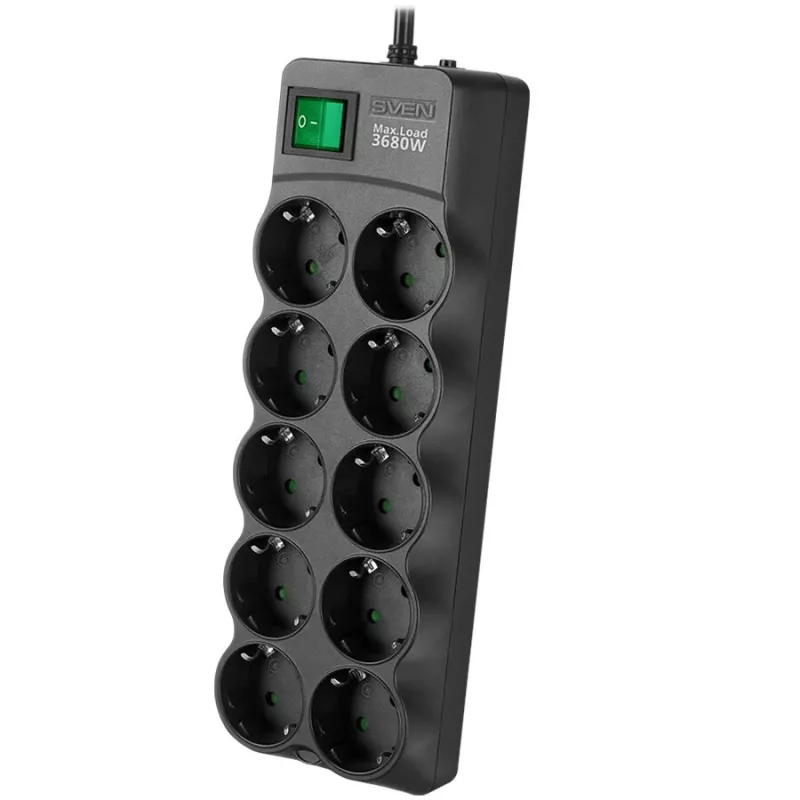 SVEN SF-10E-16 regleta de protección contra sobretensiones, 10 tomas, 16A, 3,6kW, 1,8m, negro