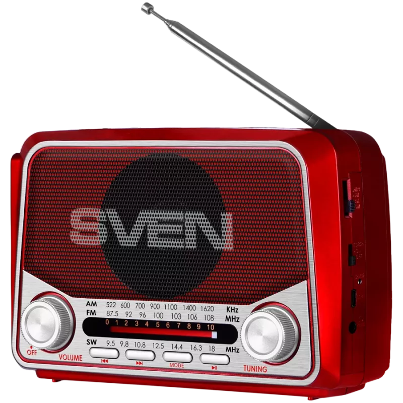 SVEN SRP-150 altavoz portátil, rojo (3W, Bluetooth, FM/AM/SW, USB, microSD, linterna, batería)