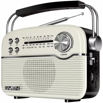 SVEN SRP-500 Altavoz Bluetooth portátil, Blanco (3W, radio FM/AM/SW, USB, microSD, AUX, batería)