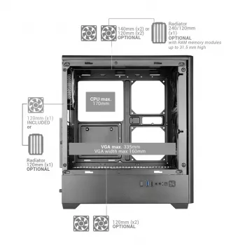 TACENS MARS MC-QUANTUM Caja semitorre ATX con 3 ventiladores FDB de 120mm + 1 ventilador ARGB de 120mm, USB-C, cristal templado, negro