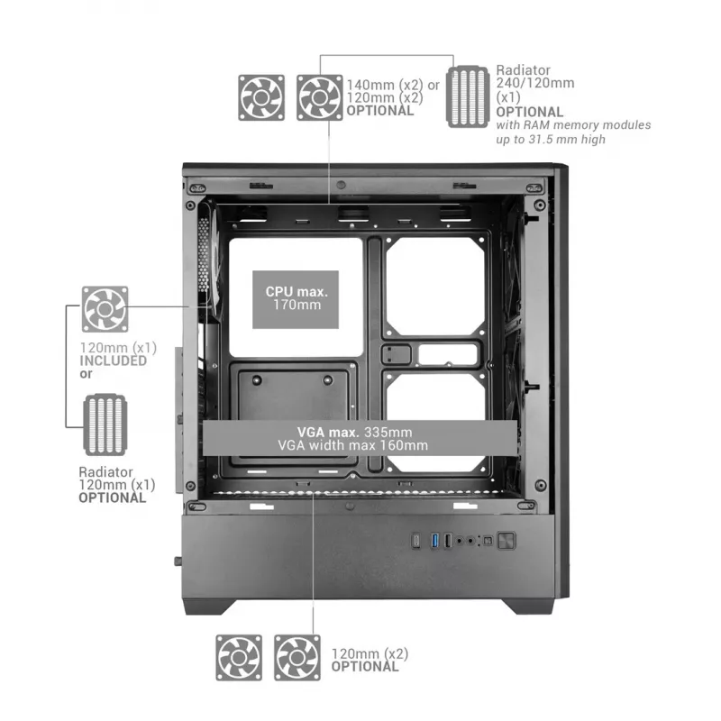 TACENS MARS MC-QUANTUM Caja semitorre ATX con 3 ventiladores FDB de 120mm + 1 ventilador ARGB de 120mm, USB-C, cristal templado, negro