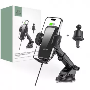 Tech-Protect CM15W-V1 soporte universal de móvil para coche con cargador Qi de 15W para salpicadero y rejilla de ventilación - negro