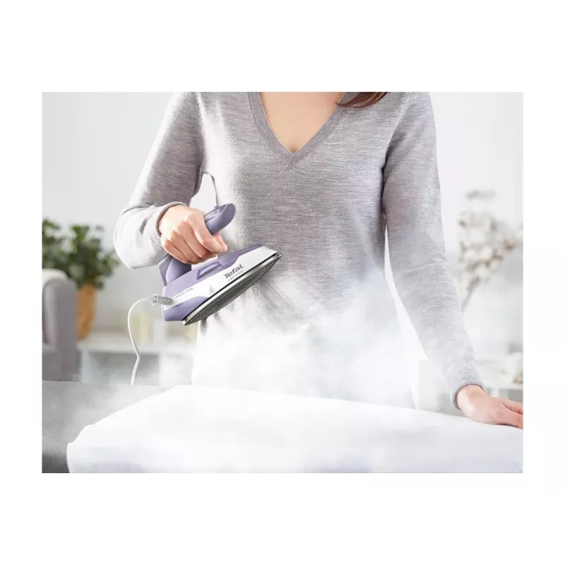 Tefal First Class DB1612E0 Plancha de viaje - 1100 W, suela de acero inoxidable, doble voltaje, depósito de 70 ml, Blanco/Azul