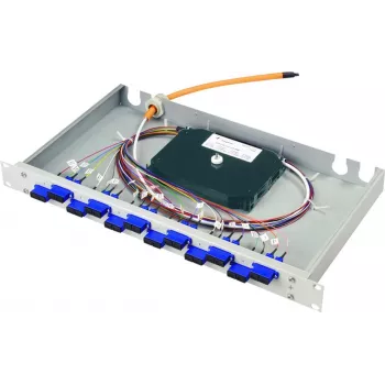 Telegärtner BASIS eco Panel de parcheo de fibra óptica 1U 19 inch , 12x acopladores LC dúplex, casquillos de bronce fosforoso, 24x pigtails OM3 50/125µm, 2m, listo para empalme, carcasa de plástico color turquesa