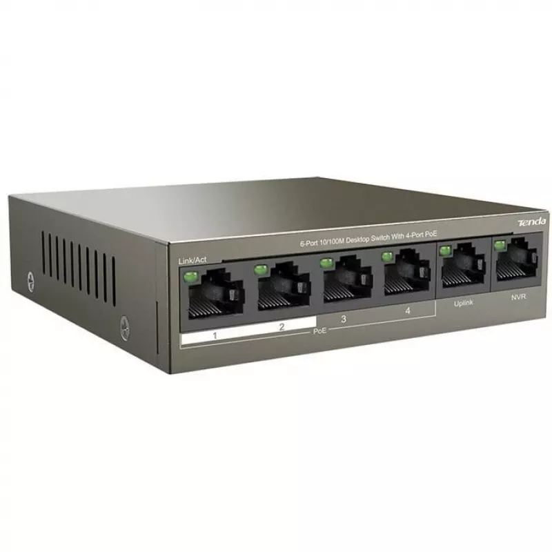 Tenda TEF1106P-4-63W Switch PoE+, 6 puertos Fast Ethernet, 4 puertos PoE+, presupuesto 63W, sobremesa sin ventilador