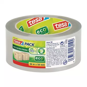 Tesa 58297-00000-01 Cinta de embalar de PVC transparente, 66 m x 50 mm, adhesivo de caucho natural, 60 N de resistencia a la tracción, 1 rollo