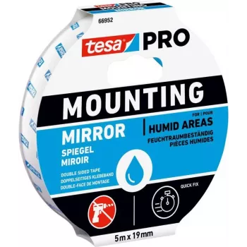 tesa Montage PRO espejo 66952-00001-00 cinta adhesiva de espuma acrílica de doble cara, blanca, 5 m x 19 mm, para espejos y objetos planos, soporta hasta 10 kg por 10 cm
