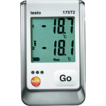 TESTO 175 T2 registrador de datos de temperatura, 2 canales NTC, 1 millón de valores de medición, -35 a +55 °C interno, -40 a +120 °C externo, IP65, interfaz USB, pantalla LCD 0572 1752