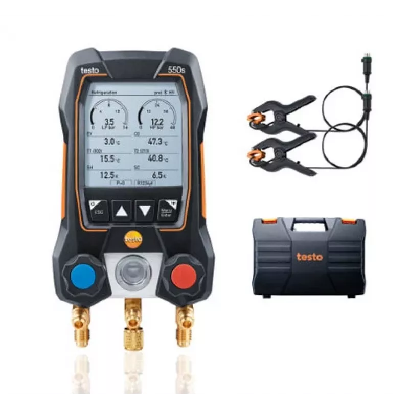 testo 550s set de manómetro digital manifold con Bluetooth y 2 sensores de temperatura de pinza inalámbricos (0564 5501)