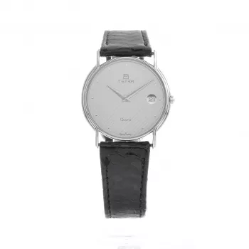 TETRA reloj mujer T-008 30mm esfera plateada correa de piel negra cuarzo