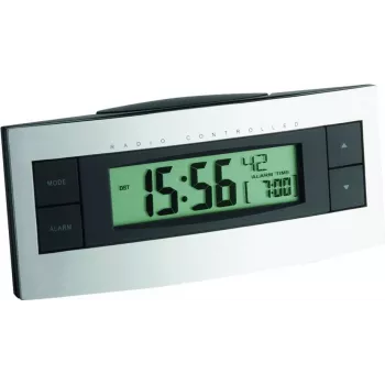 TFA 60.2511 Reloj despertador radiocontrolado - Negro/Plata - Pantalla LCD - Temperatura interior - Función snooze - Retroiluminación azul - 2x AAA