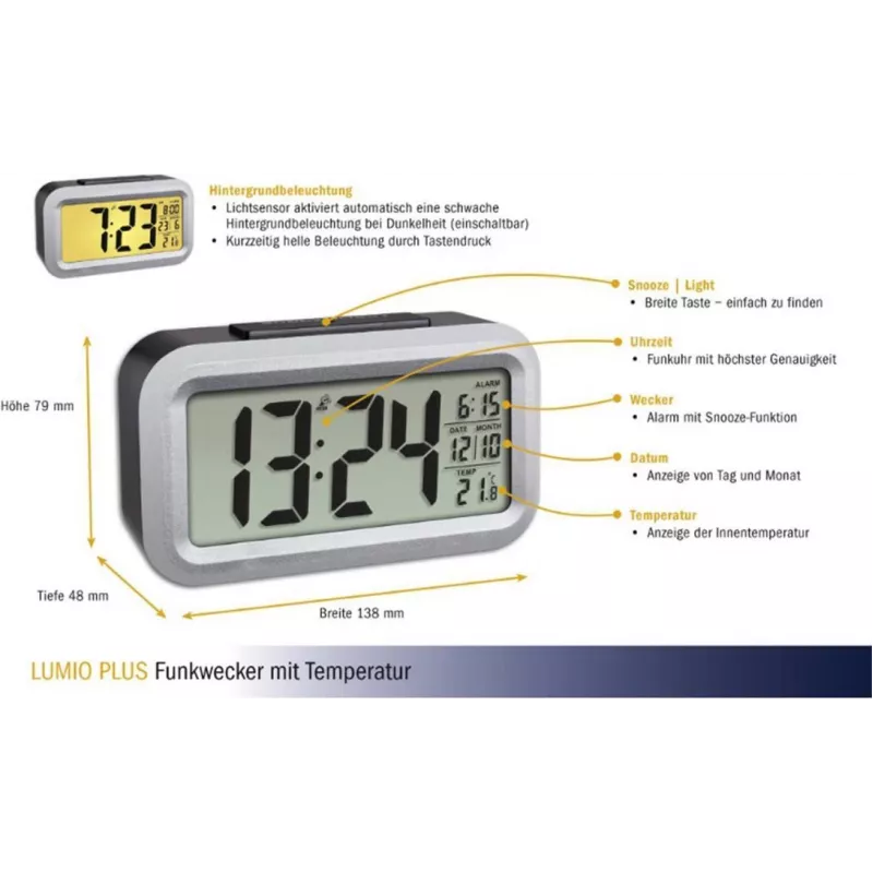 TFA Dostmann Lumio Plus despertador radio negro/plata