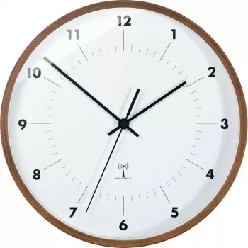 TFA Dostmann Reloj de pared radiocontrolado con marco de madera, 25,5 cm de diámetro, esfera blanca, números arábigos, a pilas, DCF77 98.1097