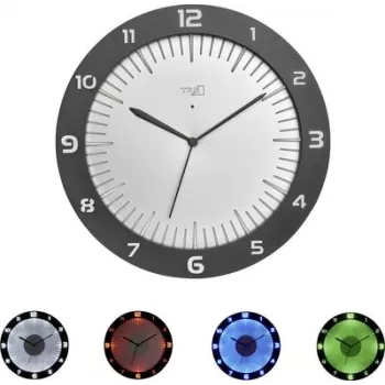 TFA LUMOCLOCK Reloj de pared radiocontrolado con iluminación de color, LCD digital, 7 colores, temperatura interior, despertador, función snooze, 12/24H, DCF-77