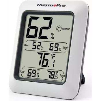 ThermoPro TP50 termohigrómetro digital con gran LCD, termómetro de interior y monitor de humedad, registros máx/mín, indicador de confort, soporte de sobremesa y montaje magnético