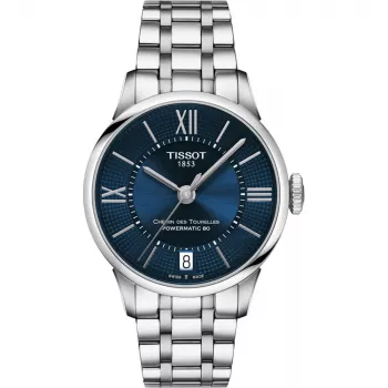 TISSOT T-Classic Chemin des Tourelles reloj de mujer automático 32mm esfera azul de nácar índices de diamante brazalete de acero inoxidable