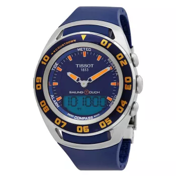 TISSOT T-Touch II reloj para hombre T056420270410 - 45mm caja de titanio, correa de caucho azul, cronógrafo Swiss Quartz con altímetro, barómetro, brújula y termómetro