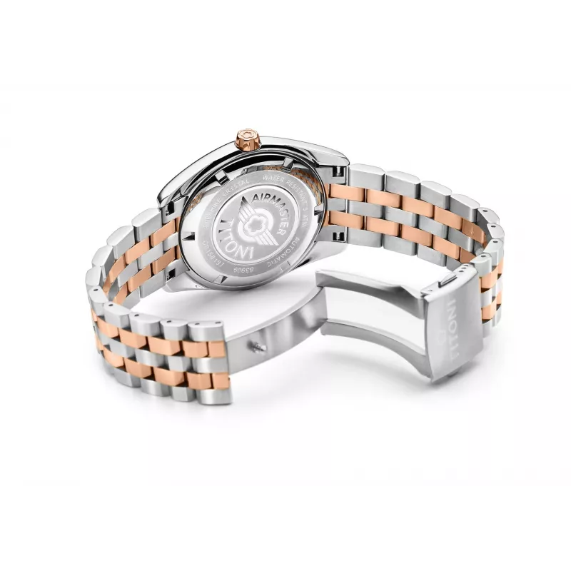 TITONI reloj automático hombre 83909SRG-063 38,5mm oro rosa PVD acero inoxidable esfera plateada correa de piel marrón