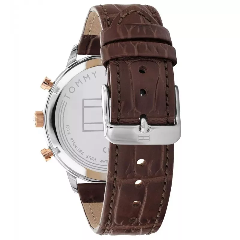 Tommy Hilfiger Reloj de hombre 1791987 44mm Caja de acero inoxidable Correa de piel marrón Esfera azul