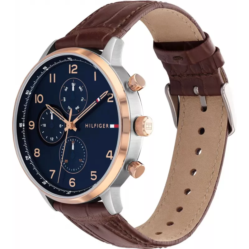 Tommy Hilfiger Reloj de hombre 1791987 44mm Caja de acero inoxidable Correa de piel marrón Esfera azul