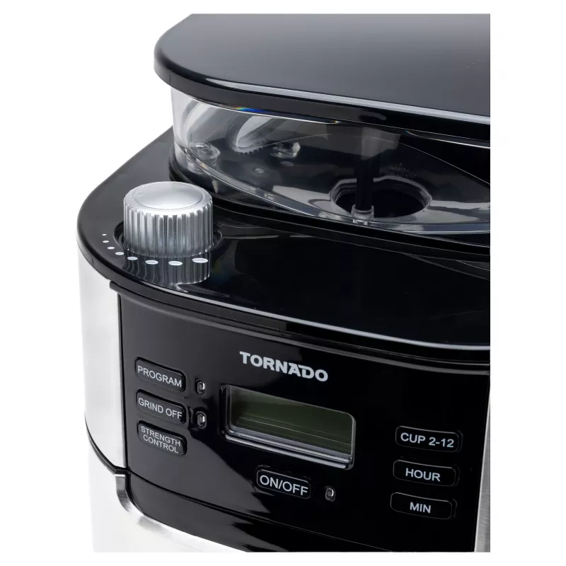 Tornado TCM-1025A-GS cafetera de filtro con molinillo integrado, 1,5 l, 12 tazas, 1050 W, acero inoxidable/negro