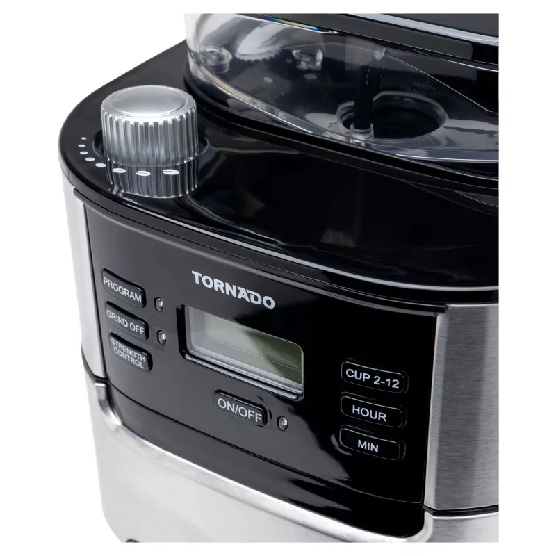 Tornado TCM-1025A-GS cafetera de filtro con molinillo integrado, 1,5 l, 12 tazas, 1050 W, acero inoxidable/negro