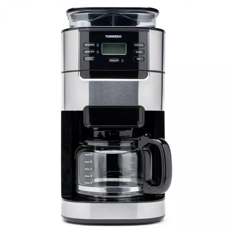 Tornado TCM-1025A-GS cafetera de filtro con molinillo integrado, 1,5 l, 12 tazas, 1050 W, acero inoxidable/negro