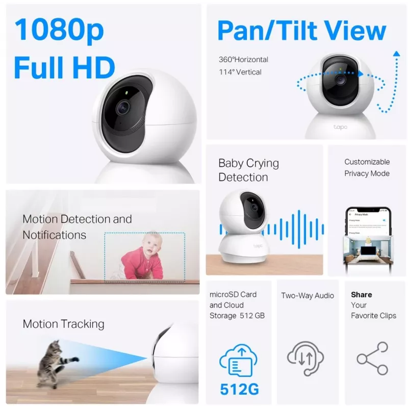Cámara Wi-Fi de seguridad para el hogar TP-Link Tapo C200C con giro e inclinación, 2 MP 1080p Full HD, 360° horizontal / 114° vertical, audio bidireccional, visión nocturna de hasta 12 m, microSD de hasta 512 GB, blanca