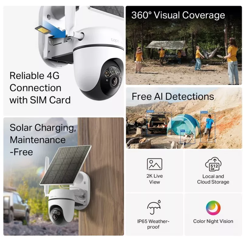 TP-LINK Tapo C615G KIT V1 Kit de cámara de seguridad con alimentación solar - Cámara de vigilancia PTZ para exterior, Resistente al polvo/a la intemperie, Color día y noche