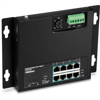 TRENDnet TI-PG102F switch industrial Gigabit PoE+ de 8 puertos (240W, carril DIN, IP30, sin ventilador)