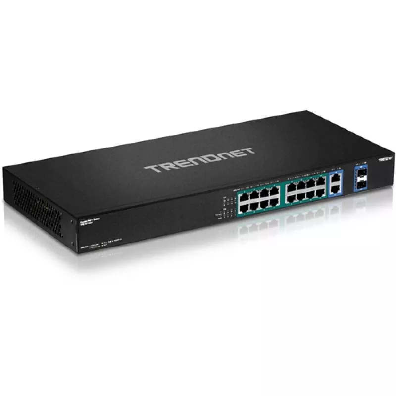 TRENDnet TPE-TG182F switch PoE+ de alta potencia Gigabit de 18 puertos, 16 puertos PoE+, presupuesto 240W, 2 uplinks, montaje en rack