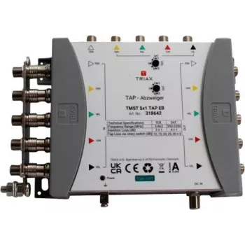 TRIAX TMST 5x1 TAP Multiswitch con atenuación de derivación de 4 dB, 5 entradas de satélite, entrada terrestre, 4 salidas de usuario 318642