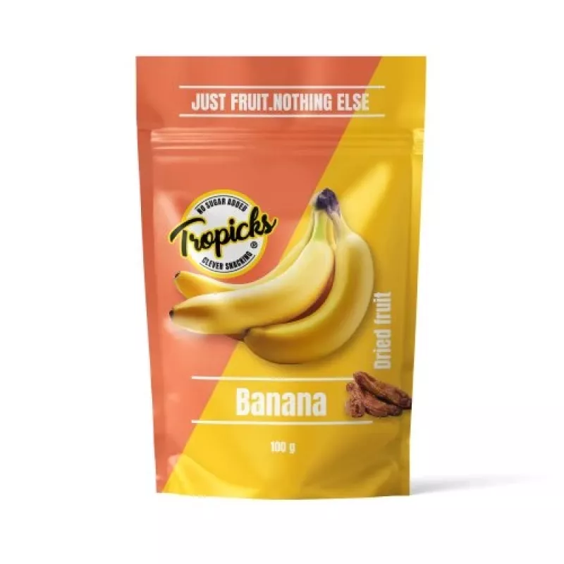 Tropicks Dried Banana 100 g – Crujientes chips de plátano dulces con aceite de coco y miel