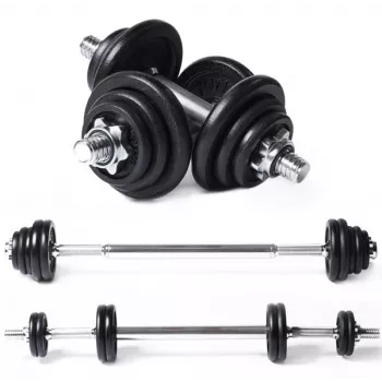 Tunturi set de barra larga y mancuernas 20 kg de hierro fundido con barras spinlock
